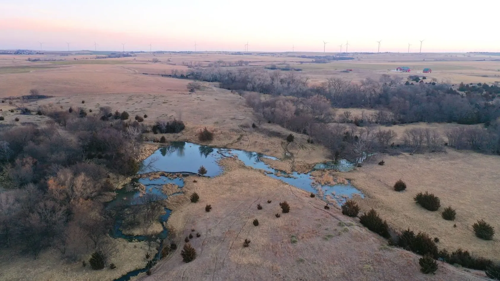 Aerial view of flooded prairie landscape with blue ponds amid bare ground, scattered trees, and wind turbines on horizon.