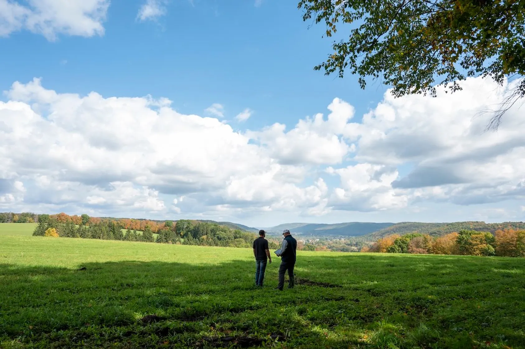 Two people standing in a green pasture overlooking rolling hills with autumn foliage under a blue sky with white clouds.