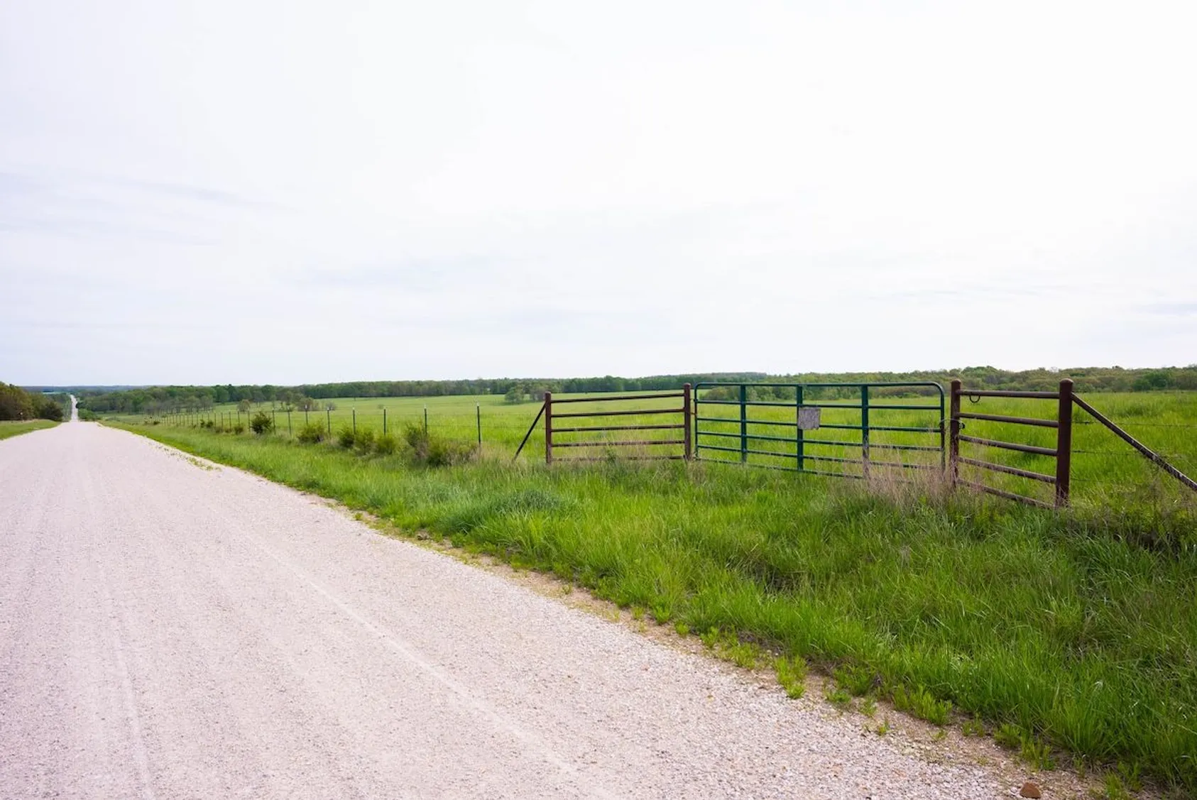 Gravel country road alongside a metal farm gate and green pasture with distant tree line under overcast sky.