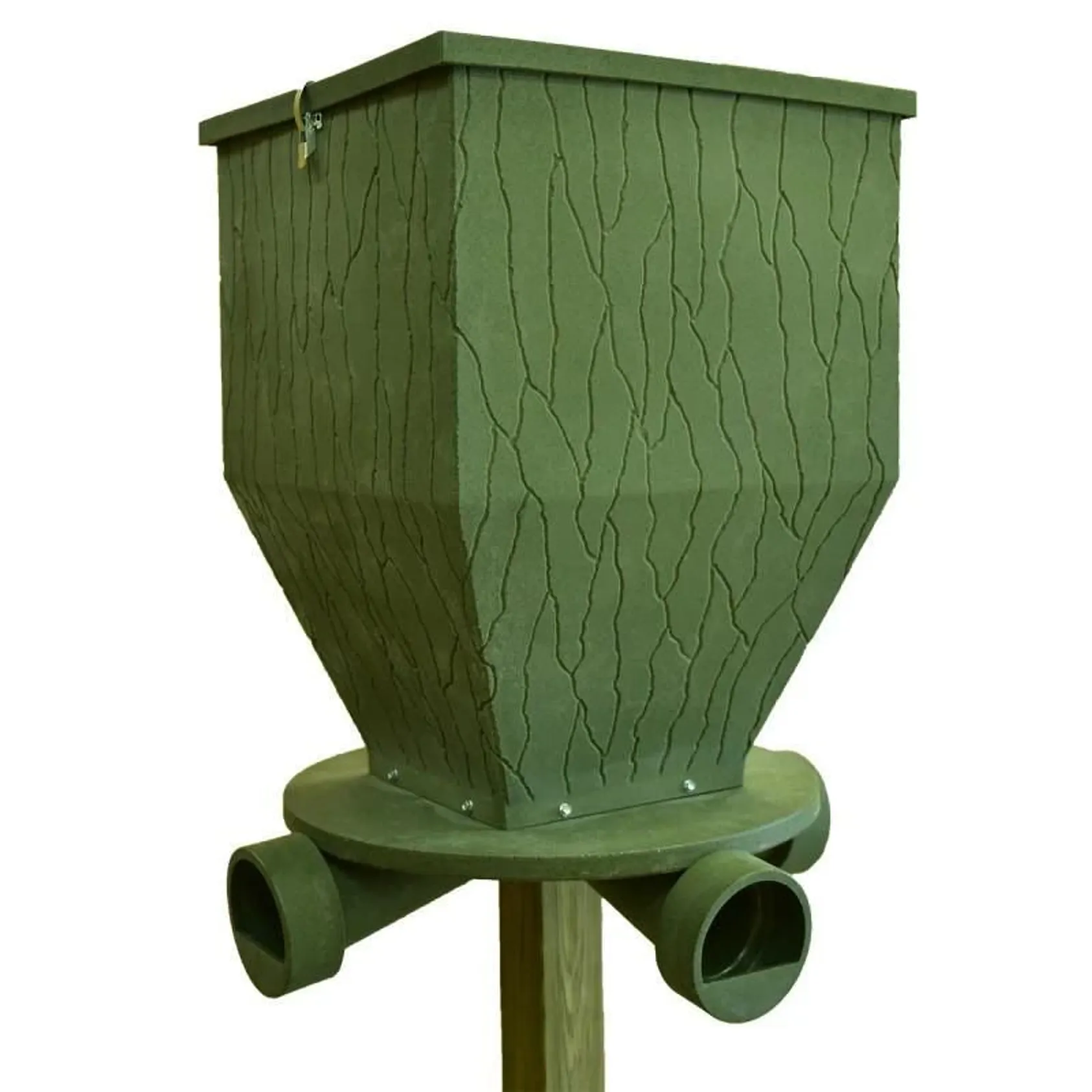 Close-up of green textured deer feeder base showing tree bark pattern and four circular feed dispenser openings