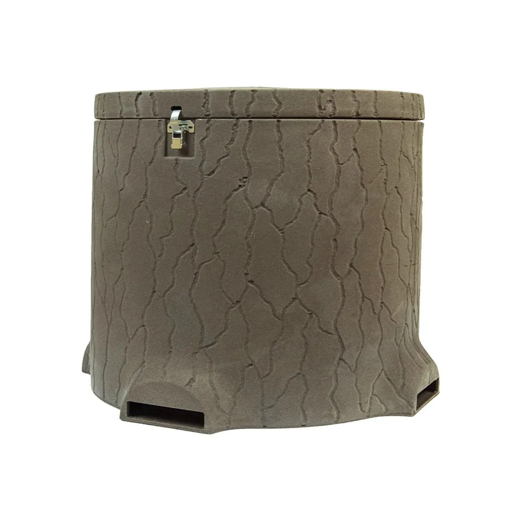 Lower portion of gray textured cylindrical deer feeder showing tree bark pattern and rectangular opening slots at base