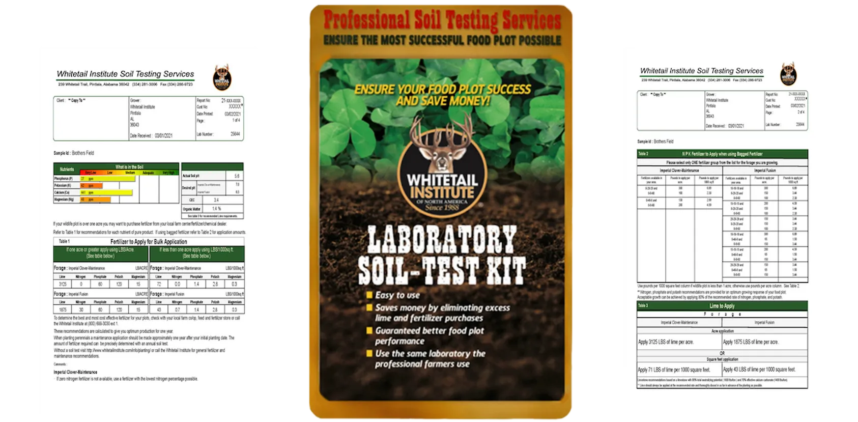 Whitetail Institute Laboratory Soil-Test Kit brochure with deer logo showing soil testing services and sample reports.
