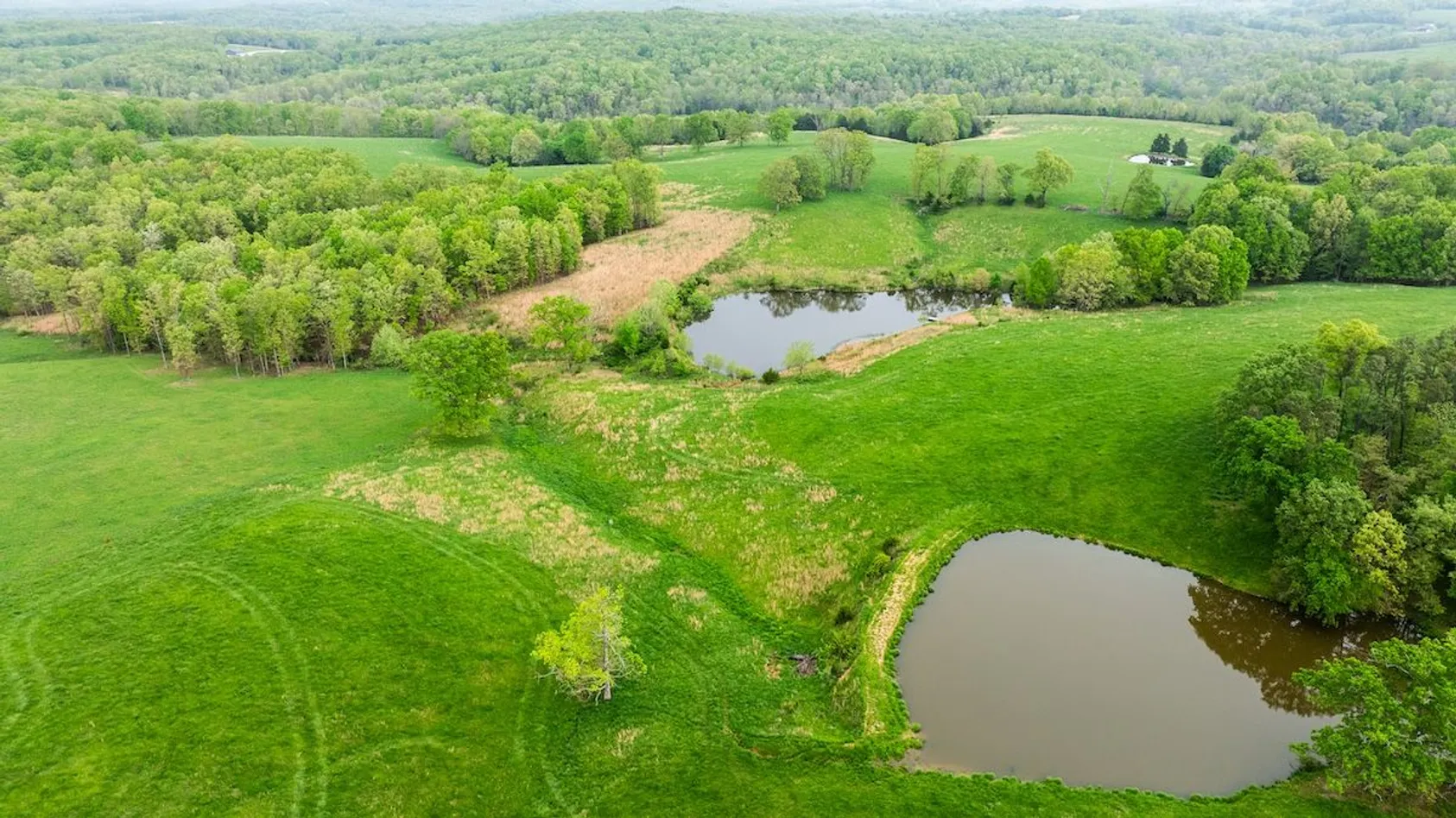Aerial view of two ponds in green rolling farmland surrounded by forest patches under hazy sky.