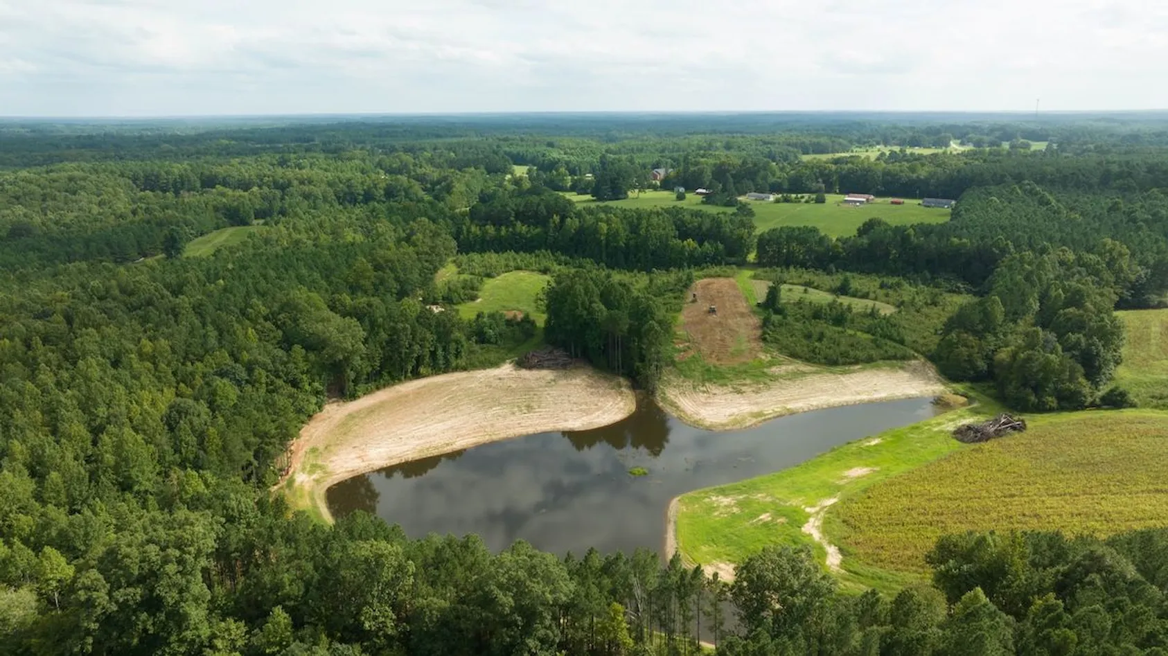 Aerial view of curved pond with bare sandy shores surrounded by dense green forest with farms visible in distance.