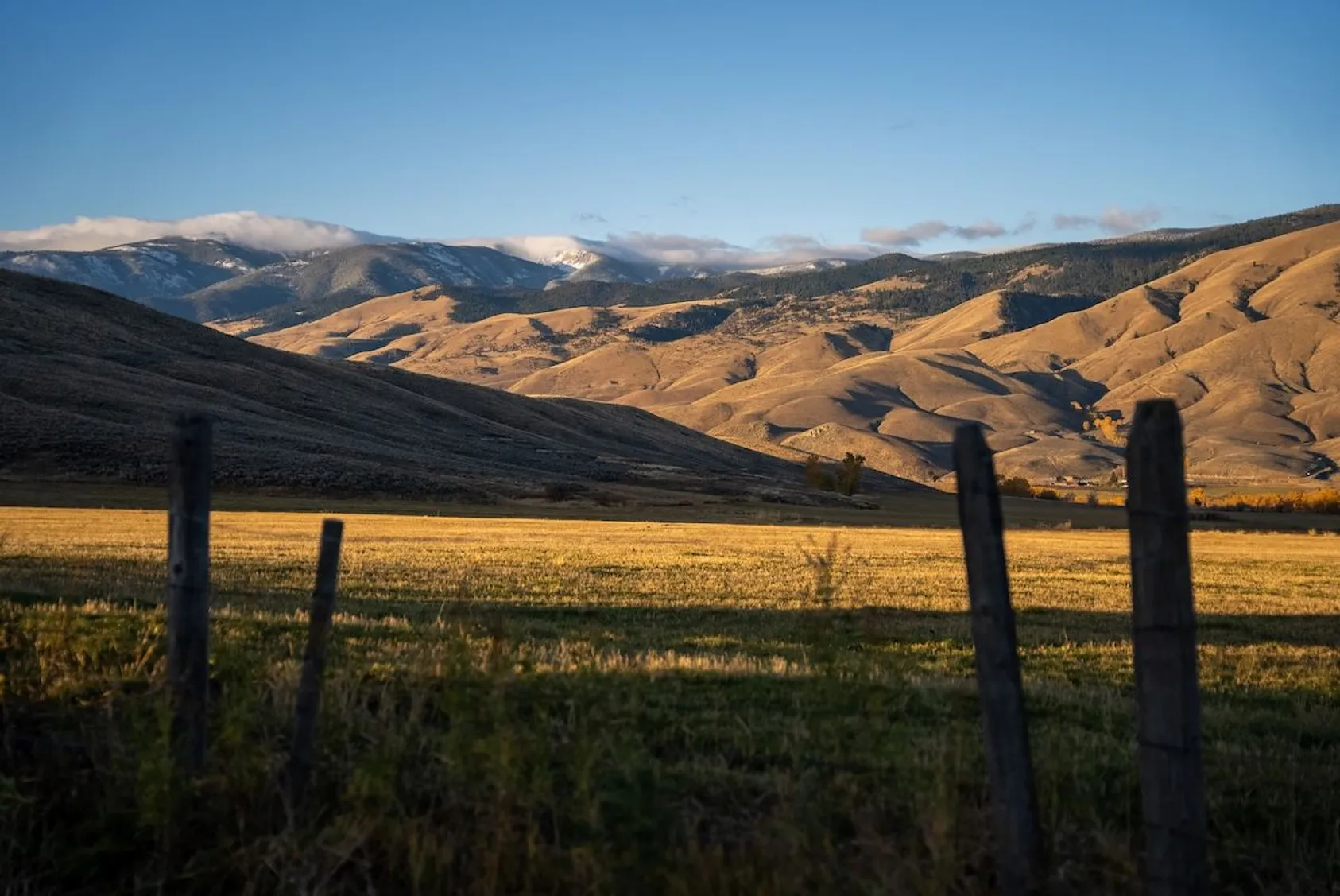 Wooden fence posts in foreground with golden hills and snow-capped mountains under blue sky.